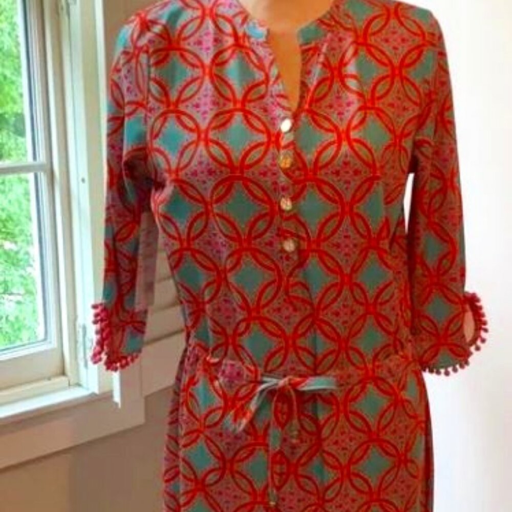 Tracy Negoshian Sheath Dress with Gold Button and Pom Embellishments Sz XL